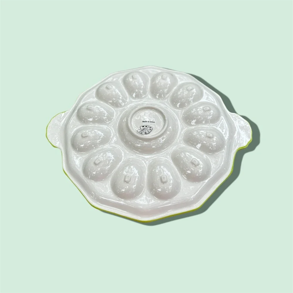 Temp-tations by Tara Deviled Egg Platter Red Lime Green Floral Ceramic 12 Slot